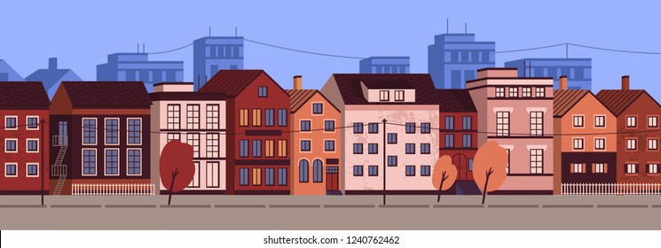 Horizontal urban landscape or cityscape with facades of residential buildings. Street view of district with modern living houses and trees. Colorful vector illustration in flat cartoon style.