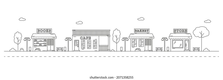 Horizontal urban landscape with town street or district. Neighborhood line art. City life illustration with buildings facades and other urban details. Editable stroke. Vector illustration.