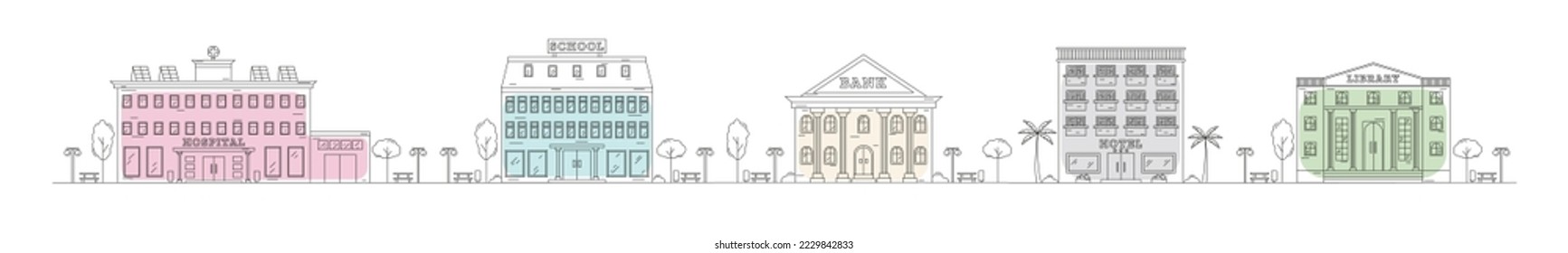 Horizontal urban landscape with town street or district. Neighborhood line art. City life illustration with buildings facades and other urban details. Editable stroke. Vector illustration.