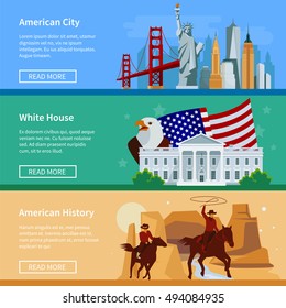 Horizontal usa flat banners with american cityscape white house and cowboys isolated vector illustration