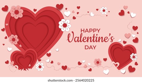 Horizontal Valentine Day Banner with pink background and paper cut Heart shape. Layered art Valentine's day backdrop of heart, Paper cut art. Valentines day greeting card in papercut realistic style