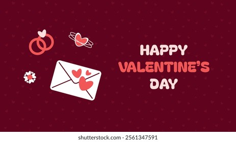 Horizontal valentine day banner. Vector horizontal advertising background for February 14. Cute illustrations poster, greeting cards, headers, website. Rings, love letter, orbit heart