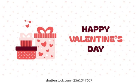 Horizontal valentine day banner. Vector horizontal advertising background for February 14. Cute illustrations poster, greeting cards, headers, website. Gift boxes with heart patterns