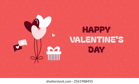 Horizontal valentine day banner. Vector horizontal advertising background for February 14. Cute illustrations poster, greeting cards, headers, website. Heart balloons, gift box