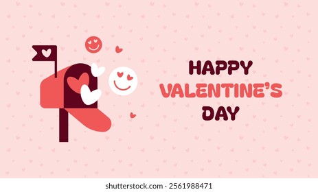 Horizontal valentine day banner. Vector horizontal advertising background for February 14. Cute illustrations poster, greeting cards, headers, website. Mailbox with hearts, smiley face