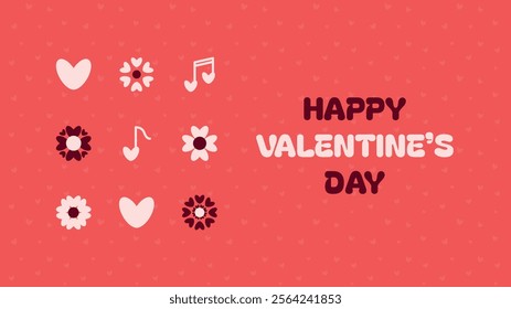 Horizontal valentine day banner. Vector horizontal advertising background for February 14. Cute illustrations poster, greeting cards, headers, website. Hearts, flowers, musical notes