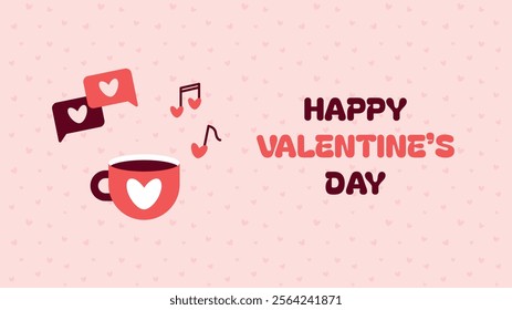 Horizontal valentine day banner. Vector horizontal advertising background for February 14. Cute illustrations poster, greeting cards, headers, website. Coffee cup, music notes, messages