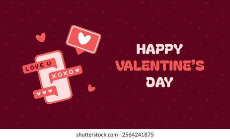 Horizontal valentine day banner. Vector horizontal advertising background for February 14. Cute illustrations poster, greeting cards, headers, website. Text messages, social media heart notification