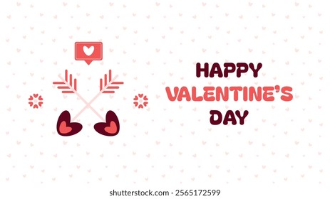 Horizontal valentine day banner. Vector horizontal advertising background for February 14. Cute illustrations poster, greeting cards, headers, website. Heart arrows, flowers, social media notification