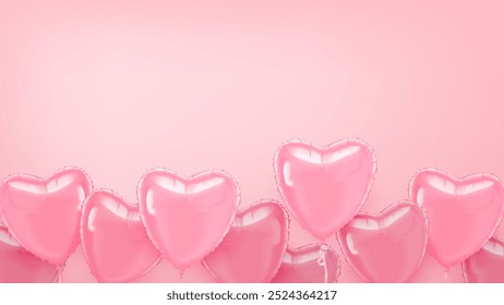 Banner horizontal do Dia dos Namorados com muitos balões de folha de hélio em forma de coração no fundo rosa pastel. Quadro inferior de balões 3D realistas. Modelo de HD vetor com espaço de cópia para design romântico.