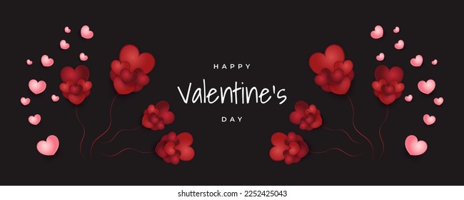 Horizontal Valentine's Day Banner with Red and Pink Hearts Isolated on Black Background. Happy Valentines Day Typography