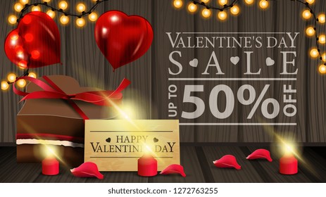 Horizontal Valentine's Day discount banner with chocolate candy