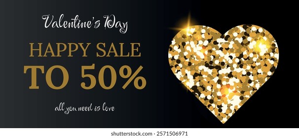 Horizontal Valentine's day sale to 50% with luxury heart with glitter glowing. Love day discount. Romantic sale up with golden shiny glitter heart icon. Sale banner template.