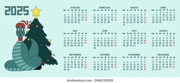 Horizontal Vector 2025 annual Calendar design with Chinese New Year luna symbol and european date grid. Cute green Snake and 2025 Calendar template.