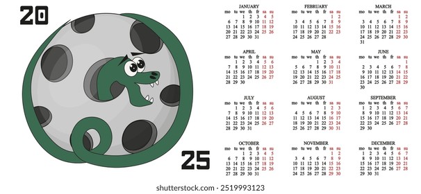 Horizontal vector 2025 Calendar with cute snake on the moon. Vector Calendar with dates grid isolated white background. EPS 10