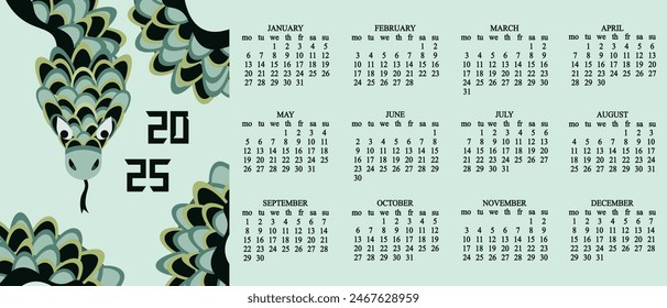 Horizontal Vector 2025 Calendar design with Chinese New Year luna symbol in trendy Asian Geometrical style. Abstract green Snake and 2025 Calendar template.