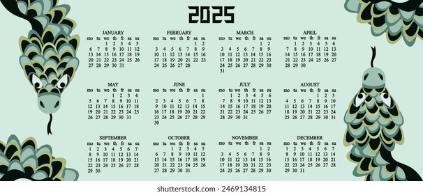 Horizontal Vector 2025 Calendar design. Asia Calender with Snake.