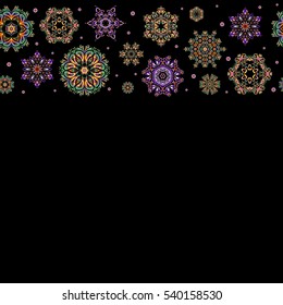 Horizontal vector abstract design in orange, violet and pink colors with copy space (place for your text). Seamless pattern of orange, violet and pink snowflakes and dots on black background.