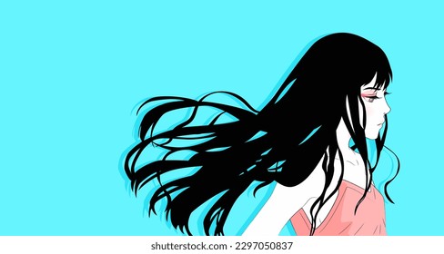 Horizontal Vector art with anime girl on blue background. Vector illustration for banner, cover, flyer, advertising etc.
