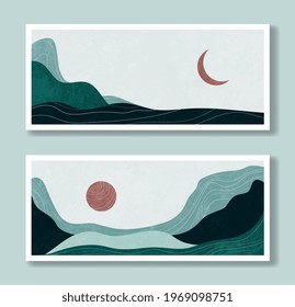 Dibujos vectoriales horizontales de paisajes chinos en colores fríos con textura. Ilustración de arte moderno en diseño plano y estilo escandinavo para imprimir, afiche y producto de arte.