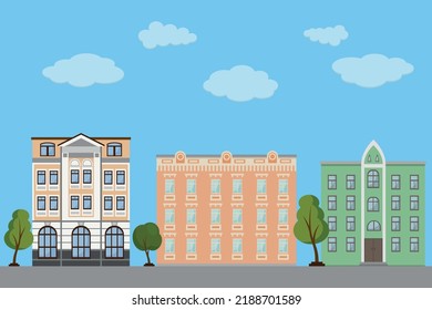 Horizontal vector background with city landscape, road, houses, clouds, trees