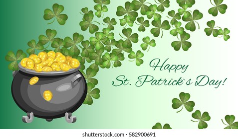 Horizontal vector background with coins in the pot and shamrock. St. Patrick