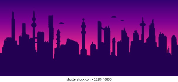 Horizontal vector background of cyberpunk futuristic sunset cityscape silhouette in neon purple and pink colors.
