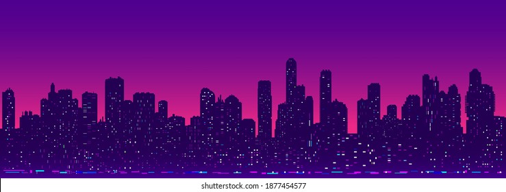 Horizontal vector background of cyberpunk futuristic cityscape silhouette with night lights in neon purple and pink colors.