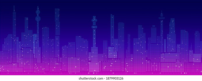 Horizontal vector background of cyberpunk futuristic cityscape silhouette with night lights in neon purple and pink colors.