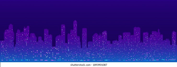 Horizontal vector background of cyberpunk futuristic cityscape silhouette with night lights in neon purple and blue colors.