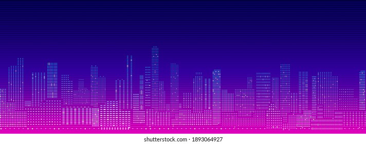 Horizontal vector background  futuristic cityscape silhouette with night lights in neon purple and pink colors.