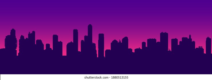 Horizontal vector background of futuristic sunset cityscape silhouette in neon purple and pink colors.