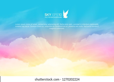 Horizontal vector background with realistic pink-blue sky and cumulus clouds. The image can be used to design a banner, flyer and postcard.