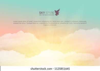 Horizontal vector background with realistic turquoise-yellow sky and cumulus clouds. The image can be used to design a banner, flyer and postcard.