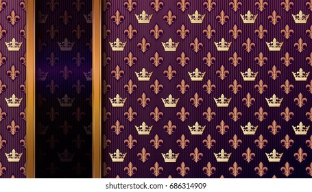 Horizontal vector background with royal lilies and crowns.