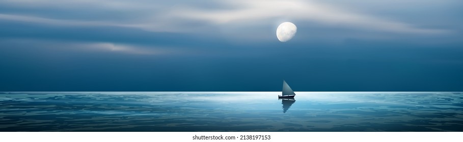 Horizontal vector background with sailing boat at night in the ocean and moon. Design element for tropical summer vacation concept can be used as web site header or blog with text