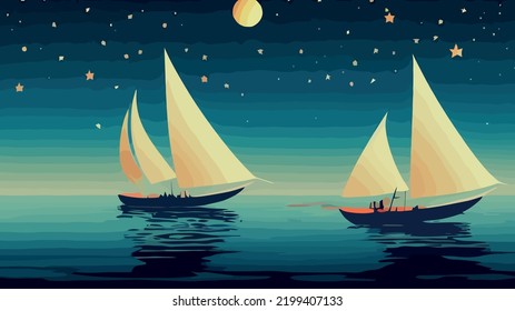 horizontal vector background with sailing boat at night