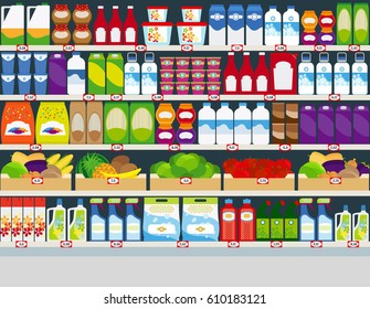 Horizontal vector background, store shelves with groceries products