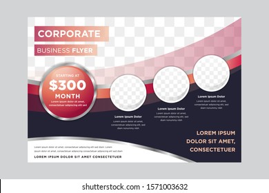 Horizontal vector background template for page covers, flyers, leaflets and advertising billboards - A4 proportion. dark purple background and gradient red element. circle shape. space for photo.