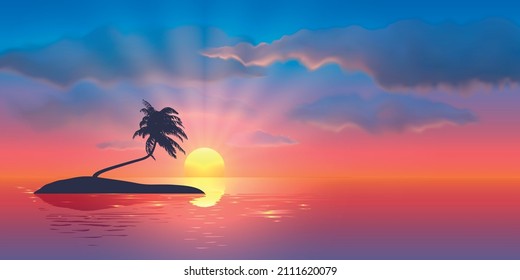 Horizontal vector background with tropical island with palm trees and senset. Design element for summer vacation concept