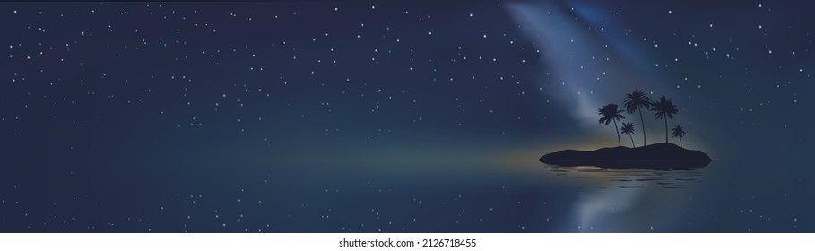 Horizontal vector background with tropical island with palm trees in the dark. Design element for summer vacation concept for web site header or footer and text