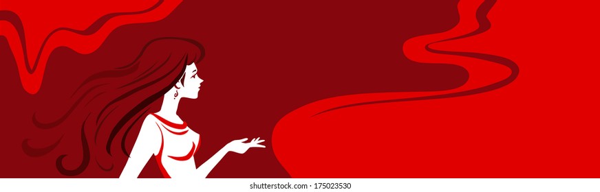 Horizontal vector background with woman in evening dress. Ratio of dimensions  2:7