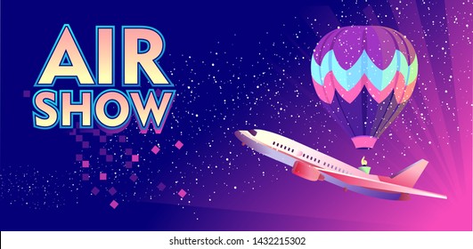 horizontal vector banner airplane flying in abstract clouds spraying puffs of colored smoke, for a spectacle in an air show, a balloon