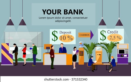 Horizontal vector banner with bank interiors. Finance and money concept. Flat cartoon illustration. Counter desk, cashier, consulting, currency exchange, ATM.