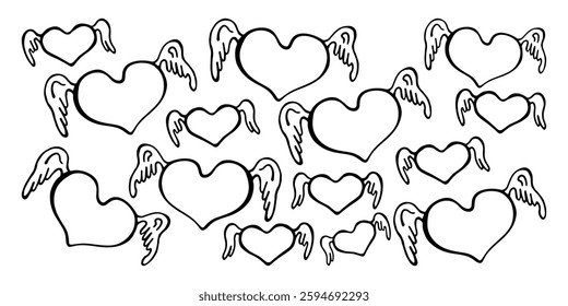 Horizontal vector banner of black and white hearts with wings of different masses on a white isolated background