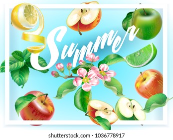 Horizontal vector banner with a branch of blossoming apple tree, red and green apples, lemon and mint. Design for invitations, cosmetics, juice, tea, health products.