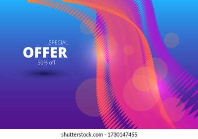 horizontal vector banner in bright colors with abstract figures and the inscription 50 percent discount