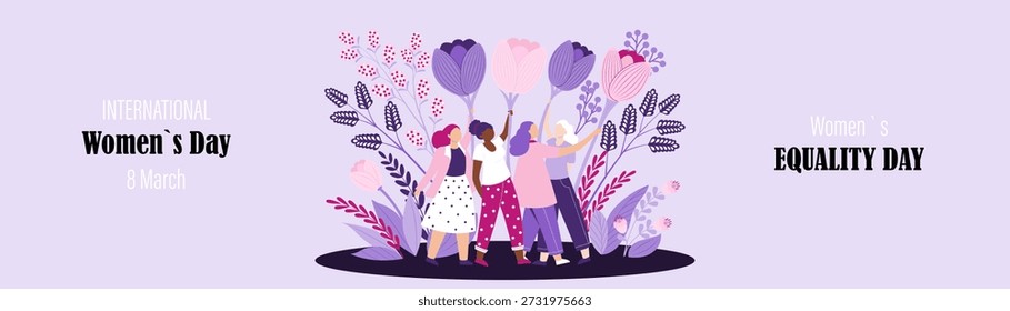 Uma faixa horizontal vetorial celebrando o Dia Internacional da Mulher (8 de março) e o Dia da Igualdade da Mulher. A ilustração apresenta um grupo diversificado de mulheres multiétnicas que estão juntas e segurando flores desabrochando de grandes dimensões em um campo. Projetado em um estilo plano moderno com uma paleta de cores roxo suave e lavanda, esta composição simboliza unidade, empoderamento feminino e irmandade. Perfeito para cabeçalhos de sites, banners de mídia social, cartazes de eventos e cartões de saudação corporativos focados em diversidade e inclusão. Gráficos vetoriais de alta qualidade com elementos botânicos limpos.