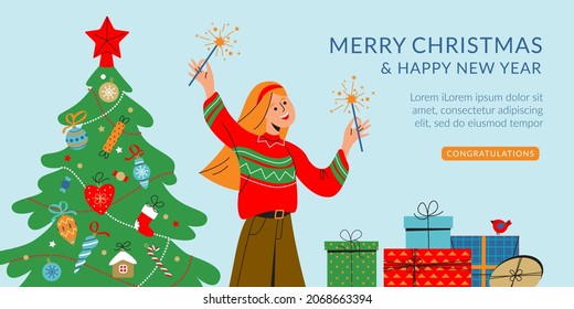 Horizontal vector banner with Christmas tree and happy woman.