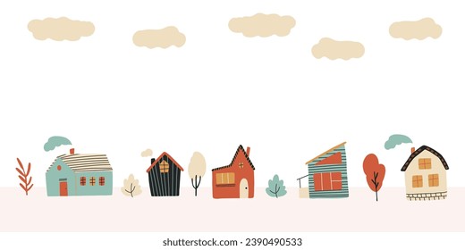 Banner vectorial horizontal con casas bonitas y árboles. Edificios coloridos y acogedores con humo de la chimenea. Pueblo dibujado a mano rodeado de plantas otoñales.
